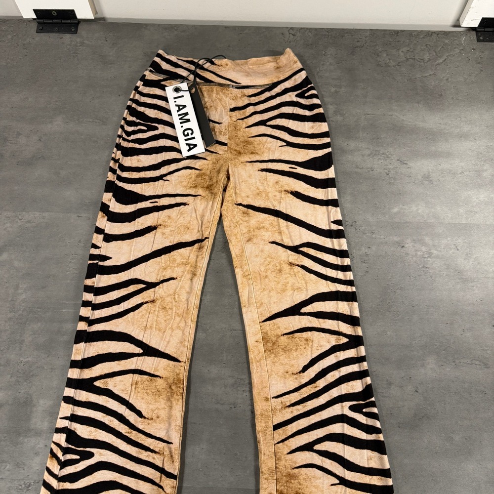 I.AM.GIA Flare Pants Womens XXS Blare Track Wild Side Tan Tiger Stripe NEW $85 - Picture 3 of 13